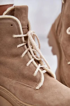 Zamszowe Ocieplane Botki Sznurowane Beżowe Lemar Elisabeth