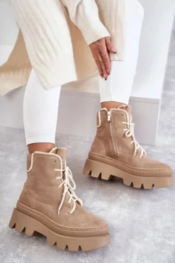 Zamszowe Ocieplane Botki Sznurowane Beżowe Lemar Elisabeth