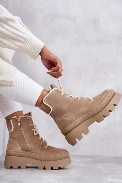 Zamszowe Ocieplane Botki Sznurowane Beżowe Lemar Elisabeth