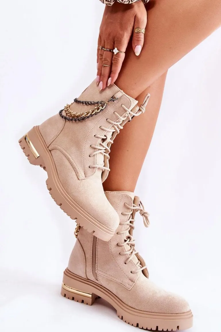 Zamszowe Ocieplane Botki Z Łańcuchem Beżowe Sorita