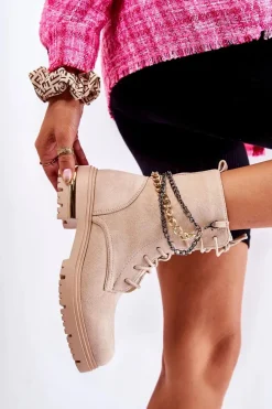 Zamszowe Ocieplane Botki Z Łańcuchem Beżowe Sorita