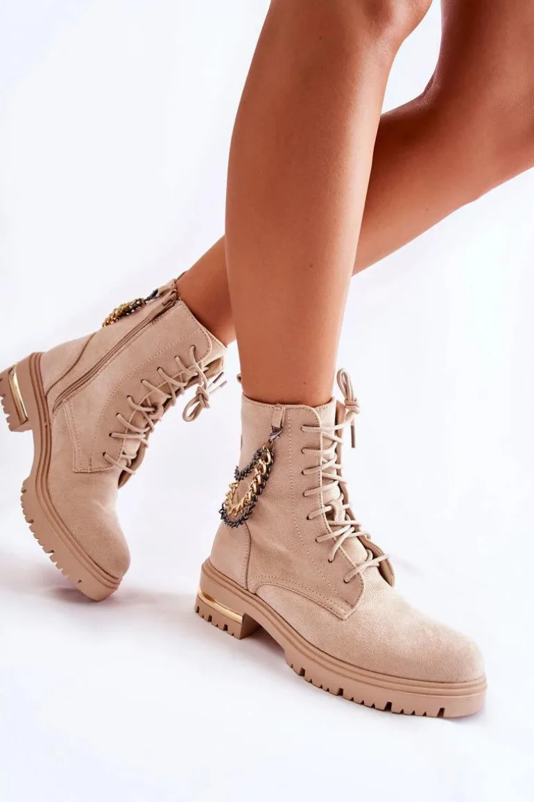Zamszowe Ocieplane Botki Z Łańcuchem Beżowe Sorita