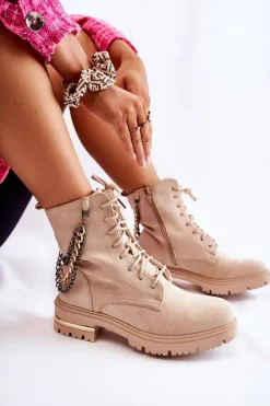 Zamszowe Ocieplane Botki Z Łańcuchem Beżowe Sorita
