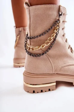 Zamszowe Ocieplane Botki Z Łańcuchem Beżowe Sorita