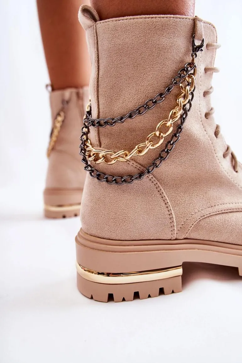 Zamszowe Ocieplane Botki Z Łańcuchem Beżowe Sorita