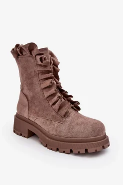 Zamszowe Ocieplane Botki Workery Na Płaskim Obcasie Ciemnobeżowe Nacelle