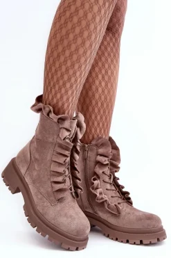 Zamszowe Ocieplane Botki Workery Na Płaskim Obcasie Ciemnobeżowe Nacelle