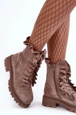 Zamszowe Ocieplane Botki Workery Na Płaskim Obcasie Ciemnobeżowe Nacelle