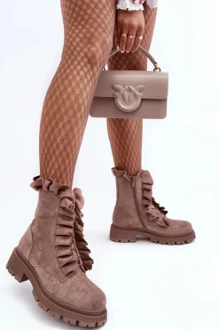 Zamszowe Ocieplane Botki Workery Na Płaskim Obcasie Ciemnobeżowe Nacelle