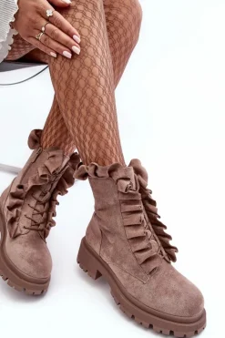 Zamszowe Ocieplane Botki Workery Na Płaskim Obcasie Ciemnobeżowe Nacelle