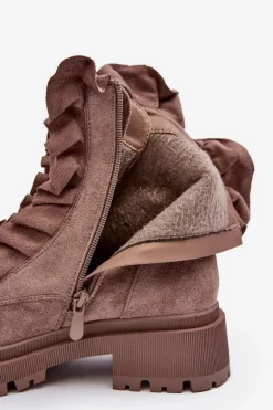 Zamszowe Ocieplane Botki Workery Na Płaskim Obcasie Ciemnobeżowe Nacelle