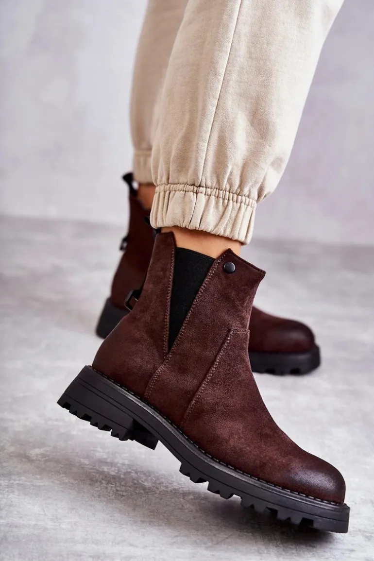 Zamszowe Ocieplane Botki Workery Na Płaskim Obcasie Brązowe Salome