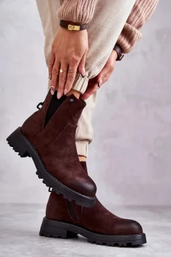 Zamszowe Ocieplane Botki Workery Na Płaskim Obcasie Brązowe Salome