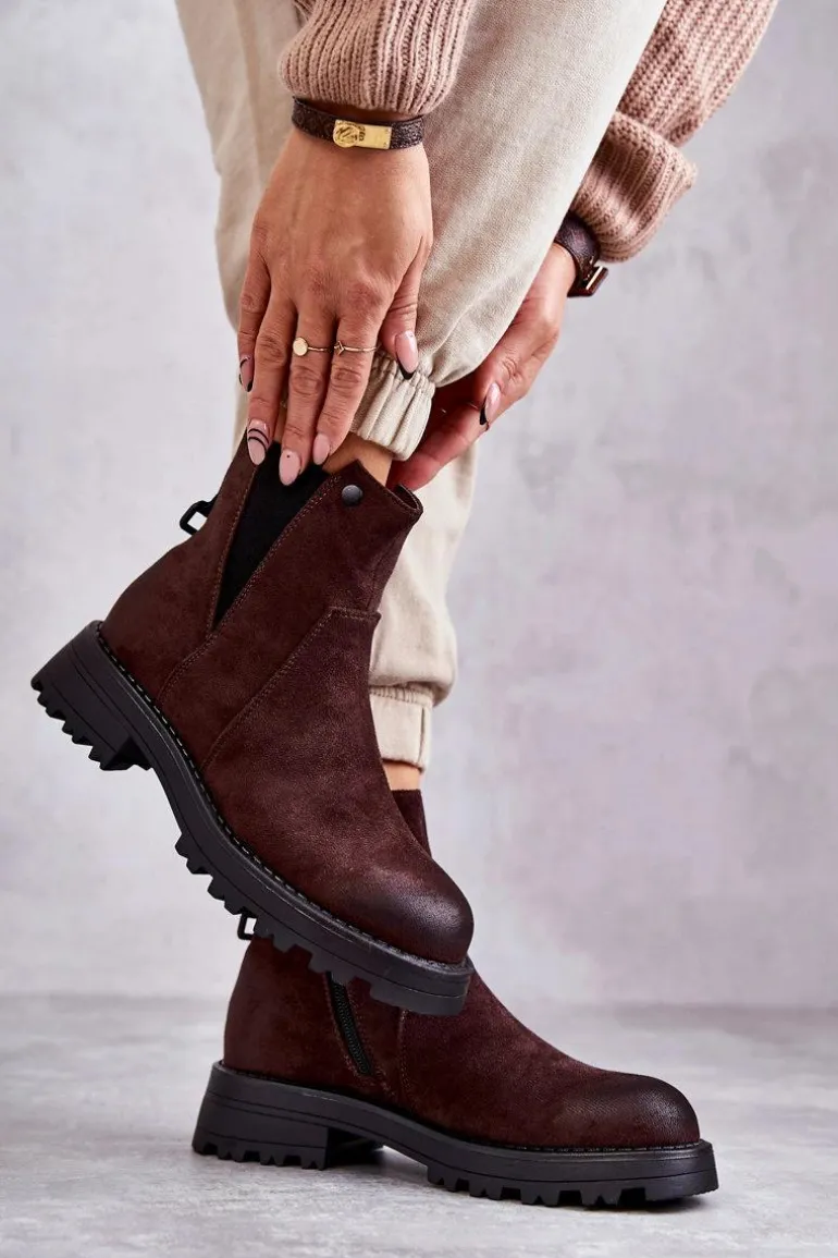 Zamszowe Ocieplane Botki Workery Na Płaskim Obcasie Brązowe Salome