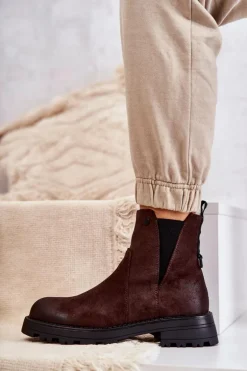 Zamszowe Ocieplane Botki Workery Na Płaskim Obcasie Brązowe Salome