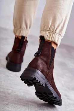 Zamszowe Ocieplane Botki Workery Na Płaskim Obcasie Brązowe Salome