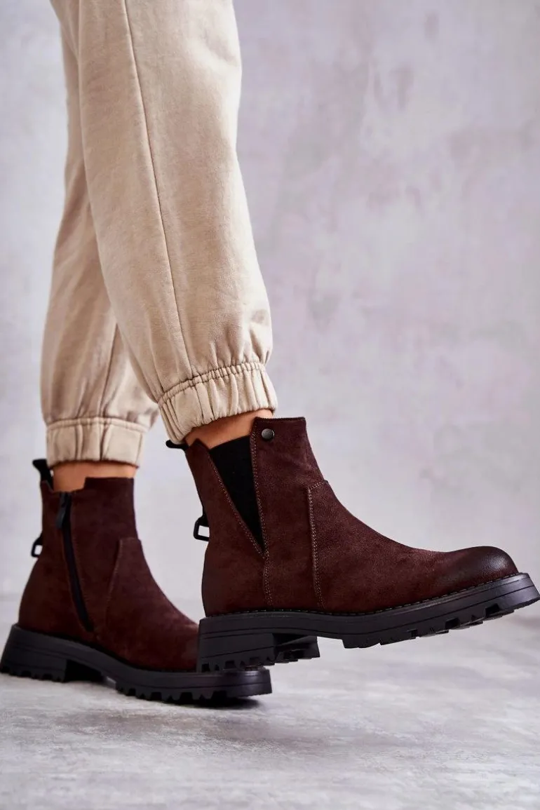 Zamszowe Ocieplane Botki Workery Na Płaskim Obcasie Brązowe Salome
