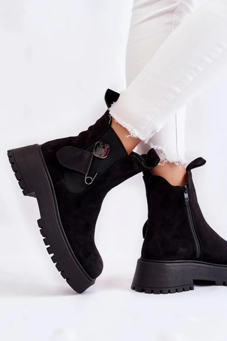 Zamszowe Ocieplane Botki Workery Czarne Magnis