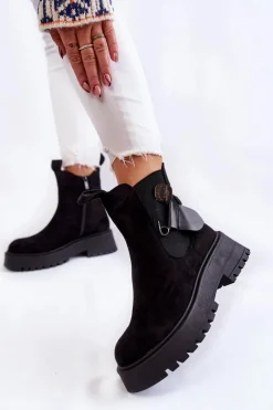 Zamszowe Ocieplane Botki Workery Czarne Magnis