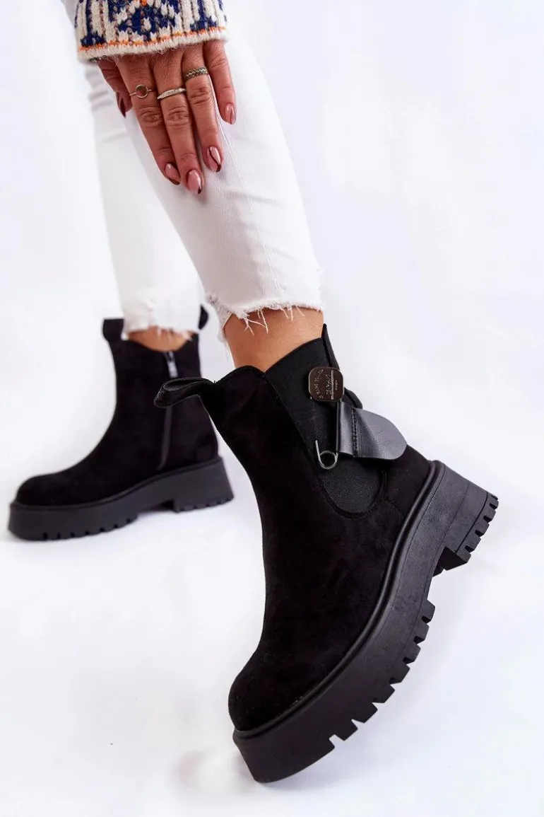 Zamszowe Ocieplane Botki Workery Czarne Magnis