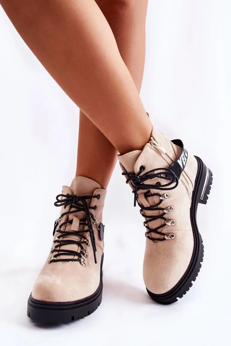 Zamszowe Ocieplane Botki Z Paskiem Beżowe Aurelio