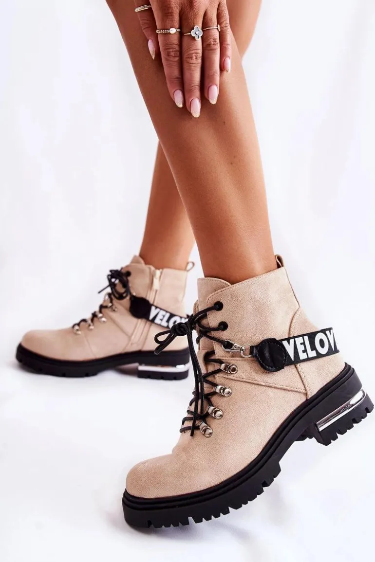 Zamszowe Ocieplane Botki Z Paskiem Beżowe Aurelio