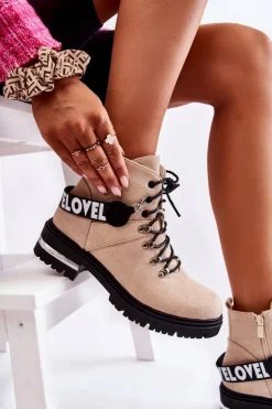 Zamszowe Ocieplane Botki Z Paskiem Beżowe Aurelio