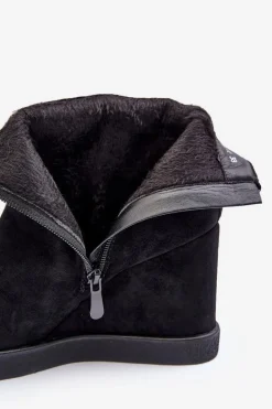 Zamszowe Ocieplane Botki Na Koturnie Z Ozdobą Czarne Vere