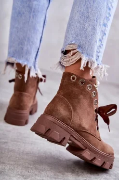 Zamszowe Ocieplane Botki Z Perłami Brązowe Roco