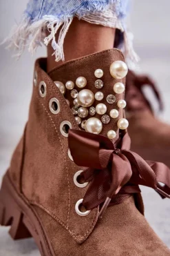 Zamszowe Ocieplane Botki Z Perłami Brązowe Roco