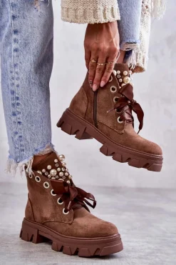 Zamszowe Ocieplane Botki Z Perłami Brązowe Roco