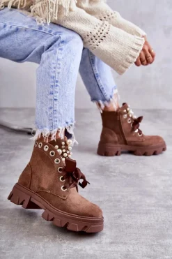 Zamszowe Ocieplane Botki Z Perłami Brązowe Roco