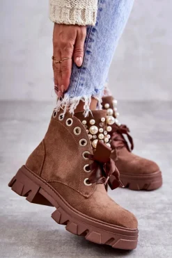 Zamszowe Ocieplane Botki Z Perłami Brązowe Roco