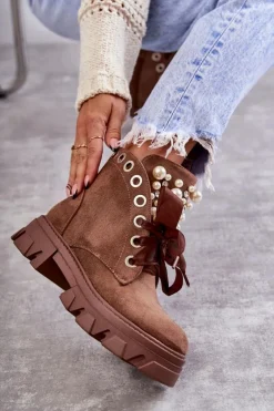 Zamszowe Ocieplane Botki Z Perłami Brązowe Roco