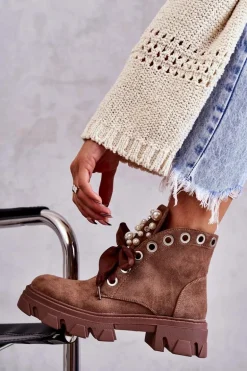 Zamszowe Ocieplane Botki Z Perłami Brązowe Roco