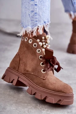 Zamszowe Ocieplane Botki Z Perłami Brązowe Roco