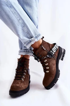 Zamszowe Ocieplane Botki Z Paskiem Ciemnobrązowe Aurelio