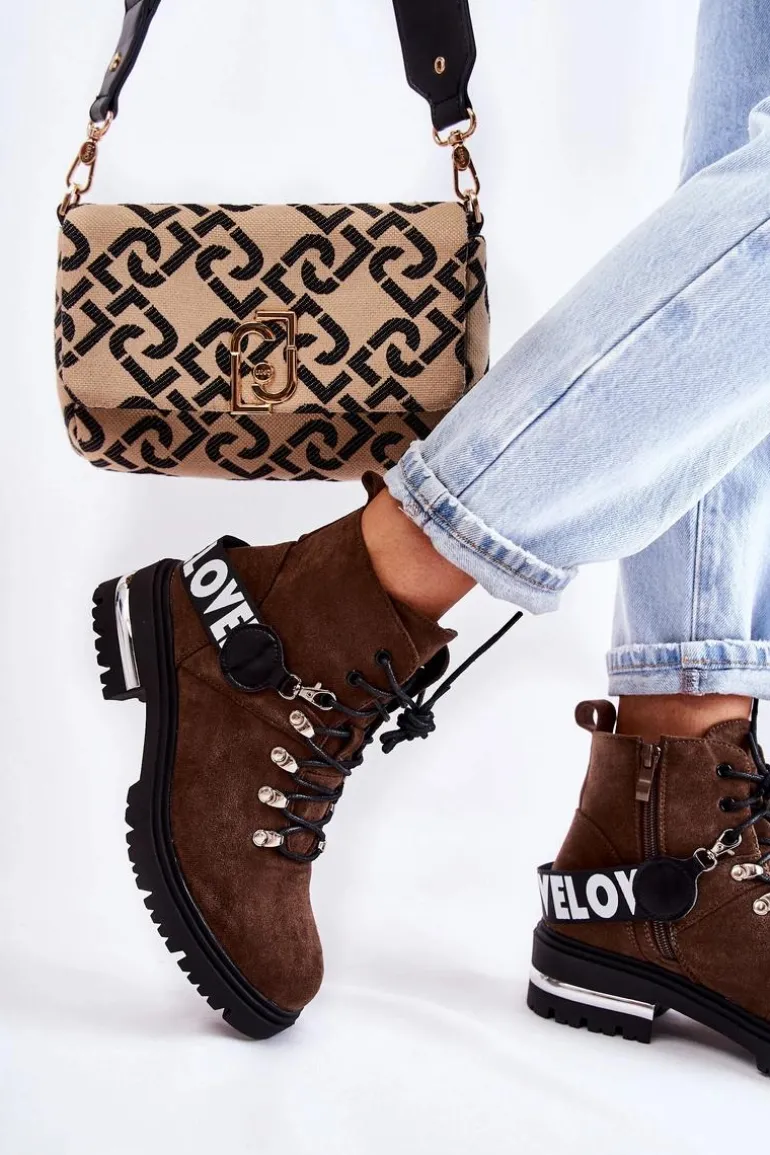 Zamszowe Ocieplane Botki Z Paskiem Ciemnobrązowe Aurelio