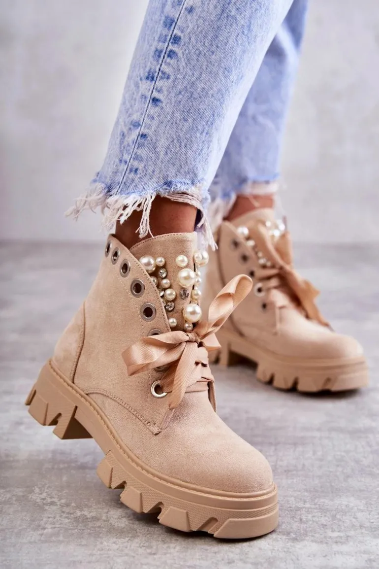 Zamszowe Ocieplane Botki Z Perłami Beżowe Roco