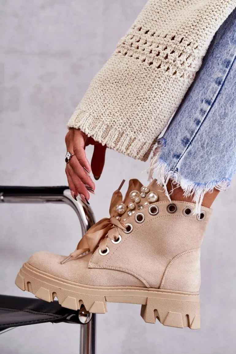 Zamszowe Ocieplane Botki Z Perłami Beżowe Roco