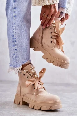 Zamszowe Ocieplane Botki Z Perłami Beżowe Roco