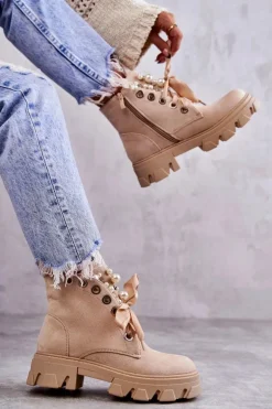 Zamszowe Ocieplane Botki Z Perłami Beżowe Roco
