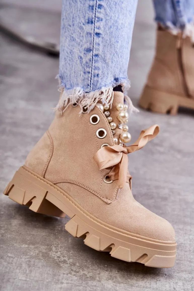 Zamszowe Ocieplane Botki Z Perłami Beżowe Roco