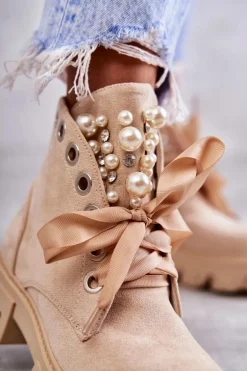 Zamszowe Ocieplane Botki Z Perłami Beżowe Roco
