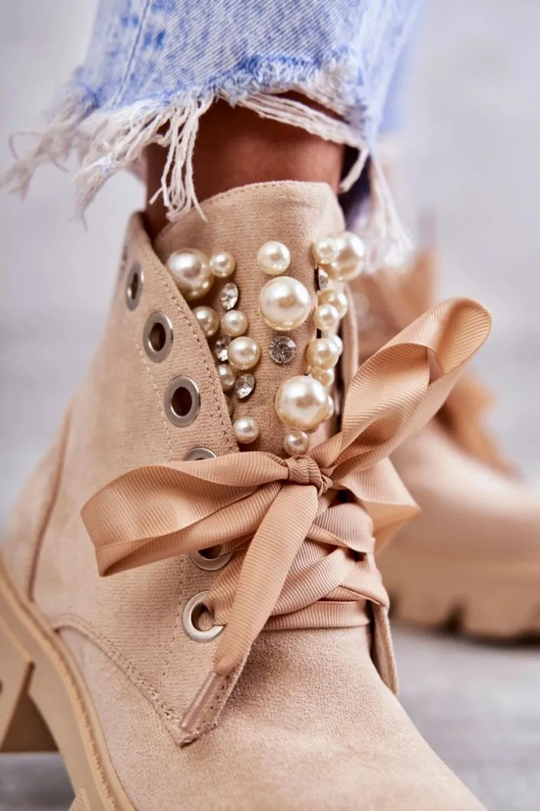 Zamszowe Ocieplane Botki Z Perłami Beżowe Roco