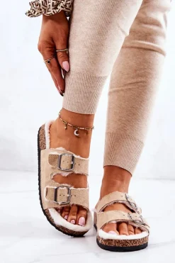 Zamszowe Ocieplane Klapki Beżowe Adeline