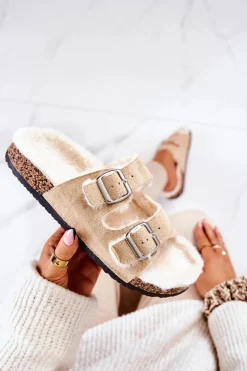 Zamszowe Ocieplane Klapki Beżowe Adeline