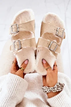 Zamszowe Ocieplane Klapki Beżowe Adeline