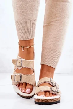 Zamszowe Ocieplane Klapki Beżowe Adeline