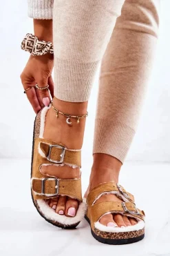 Zamszowe Ocieplane Klapki Camel Adeline